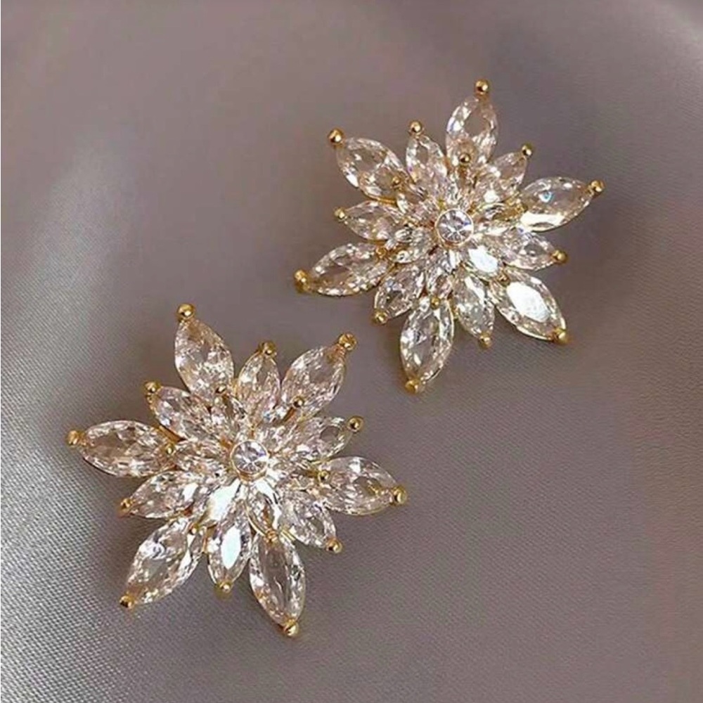 Gold and Clear Crystal Floral Stud Earrings - Women Jewelry